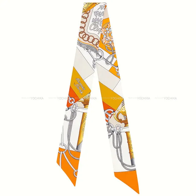 2022 SS HERMES scarf Twilly Cliquetis Orange/White/Gold Silk100%[EXCELLENT][Authentic]