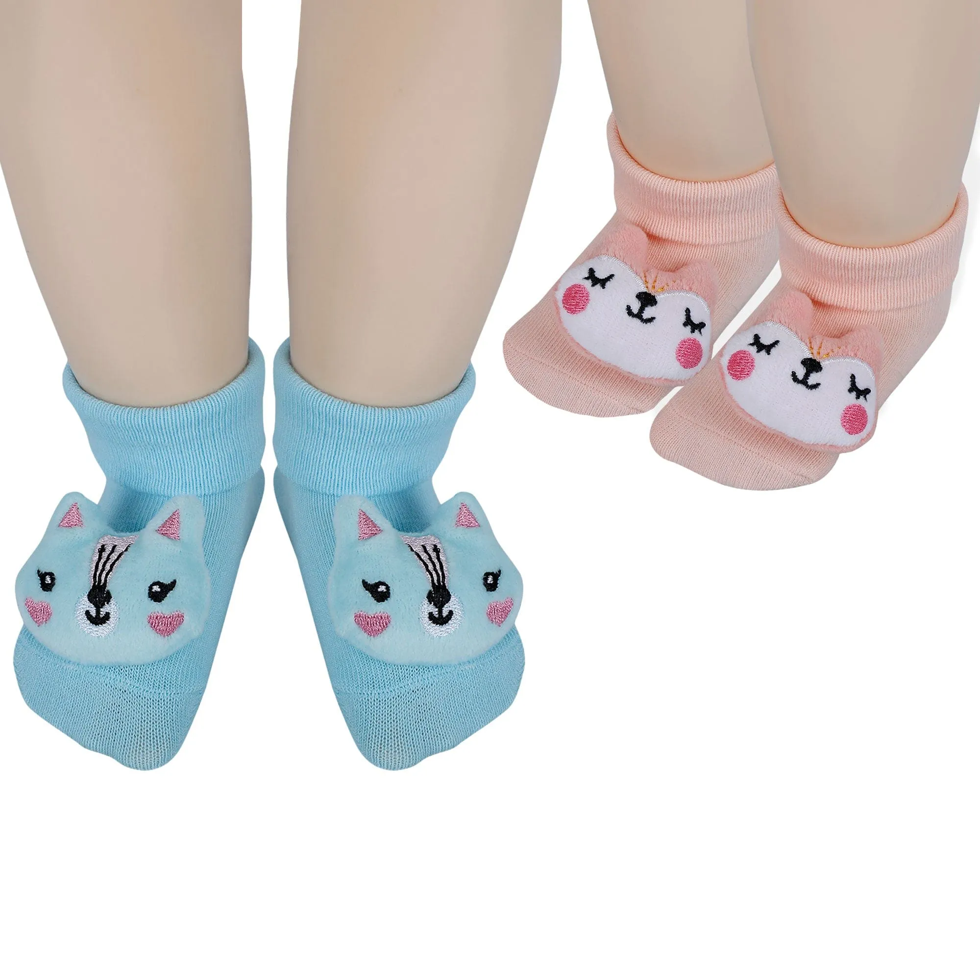 Baby Moo Animal 3D Rattle Anti-Skid Socks Booties Pack of 2 - Blue, Peach