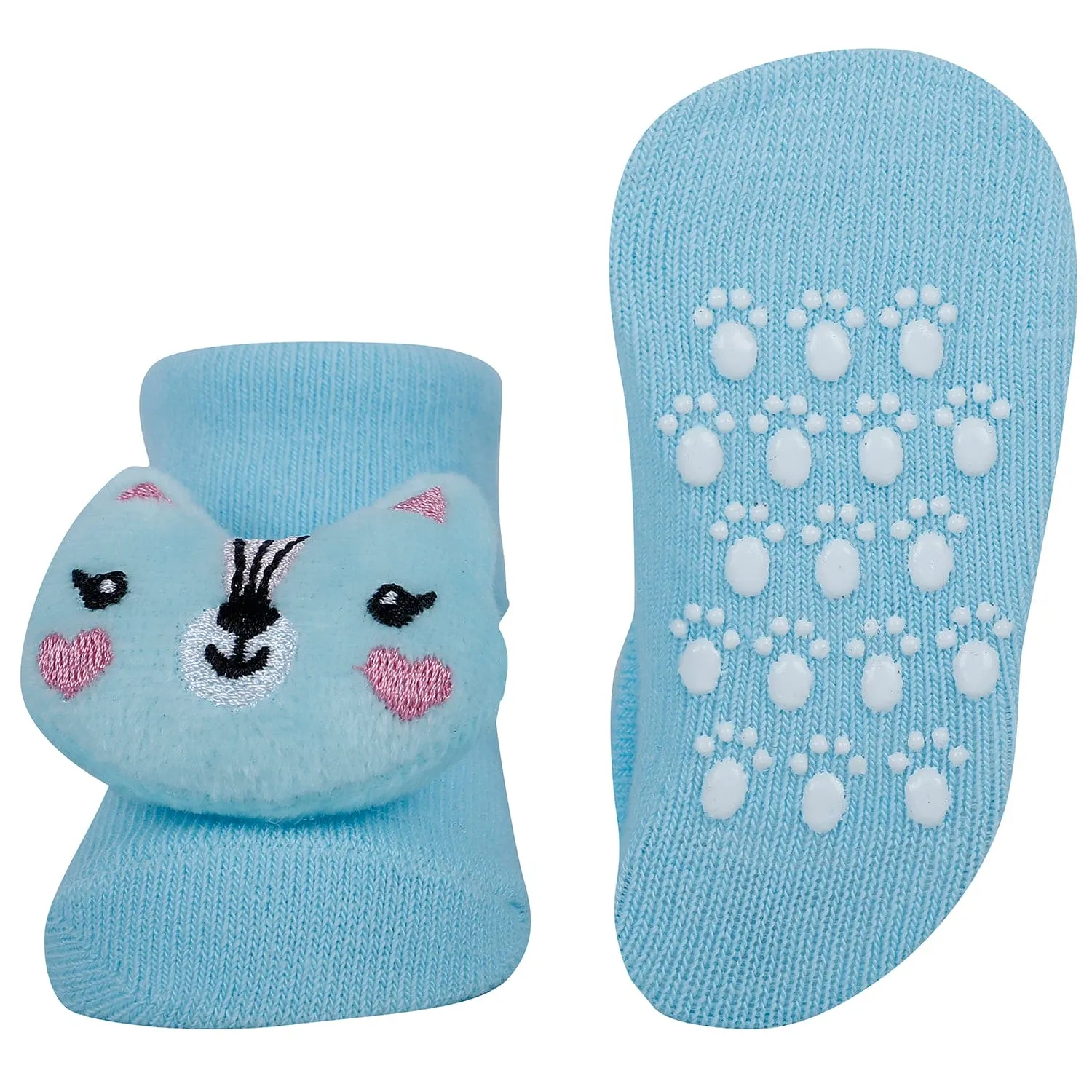 Baby Moo Animal 3D Rattle Anti-Skid Socks Booties Pack of 2 - Blue, Peach