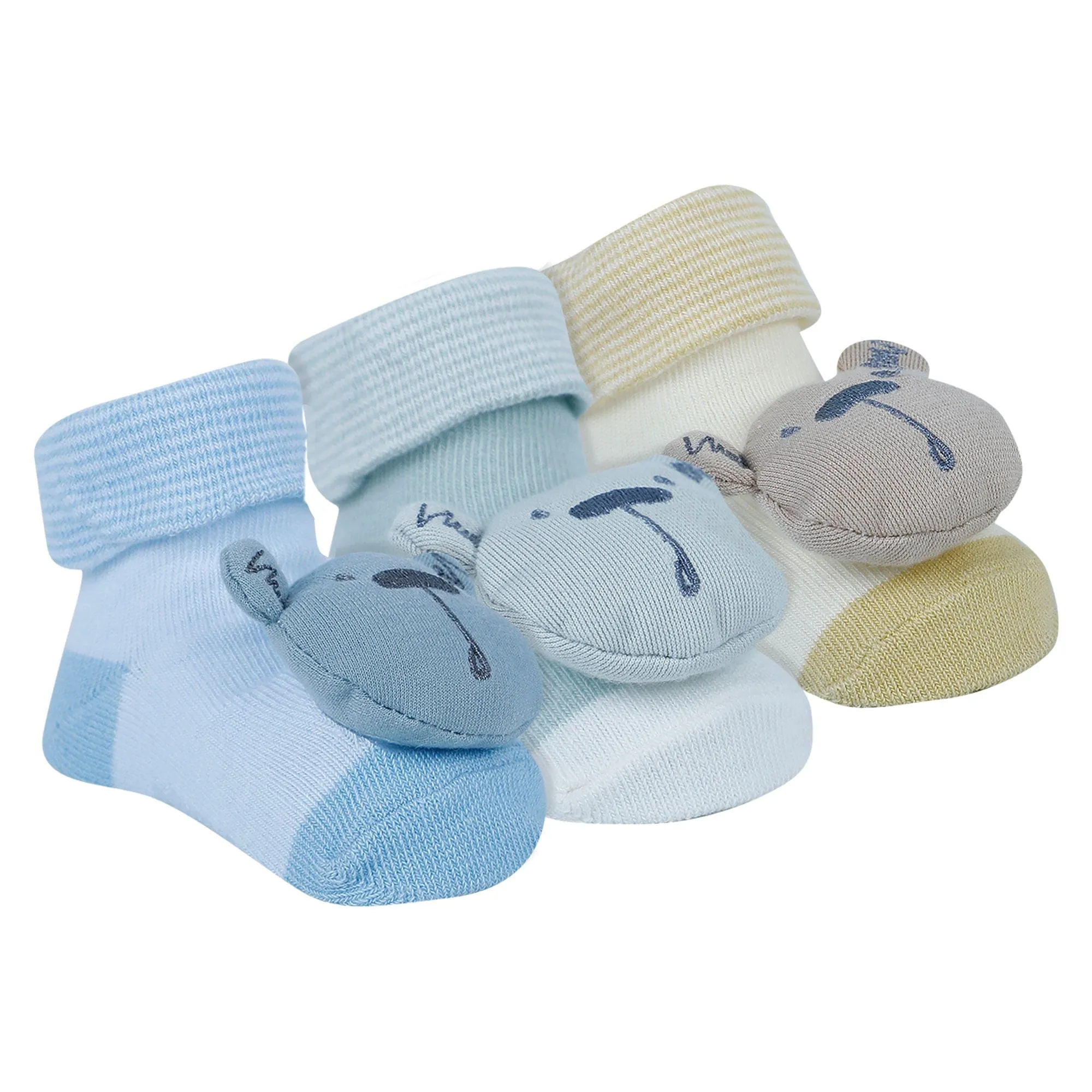 Baby Moo Bear 3D Rattle Anti-Skid Socks Booties Pack of 3 - Blue, Yellow