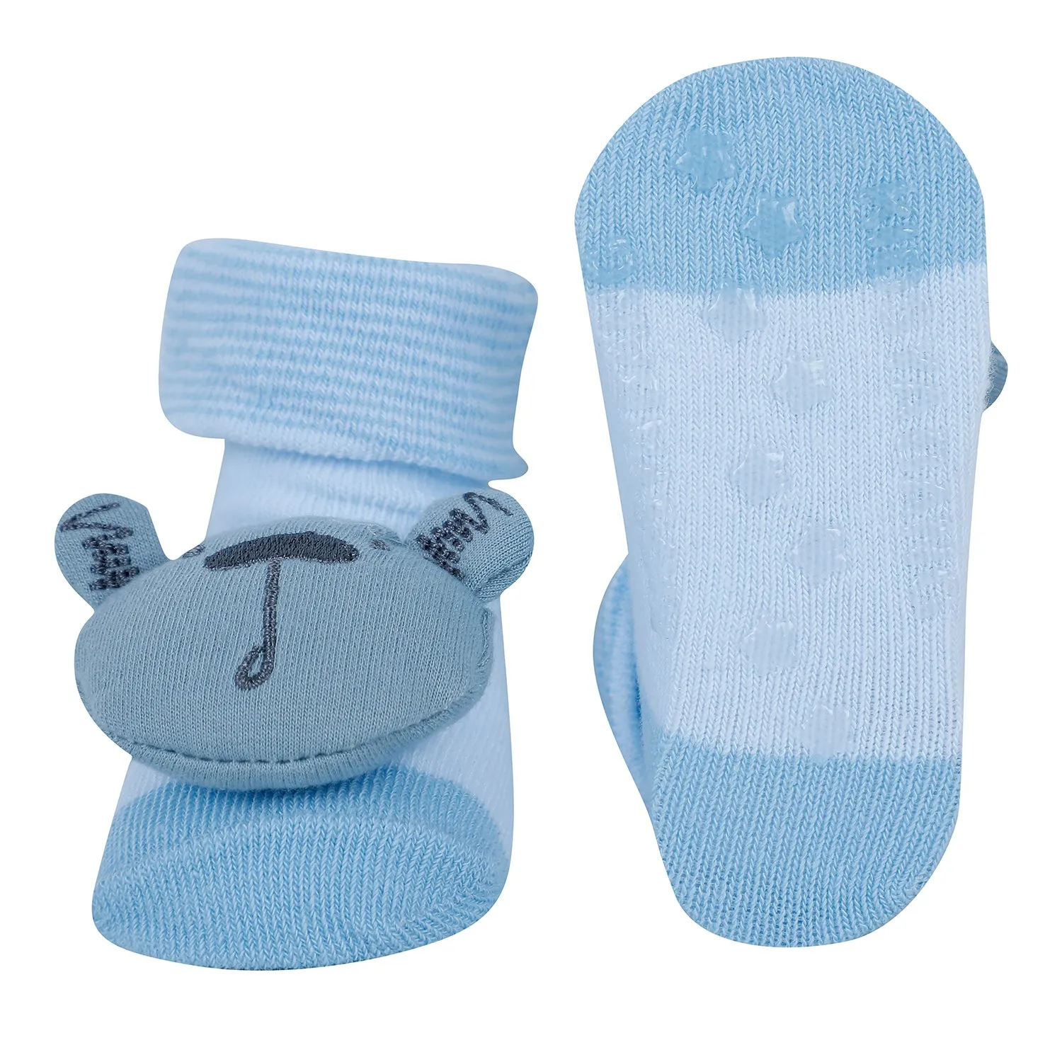 Baby Moo Bear 3D Rattle Anti-Skid Socks Booties Pack of 3 - Blue, Yellow