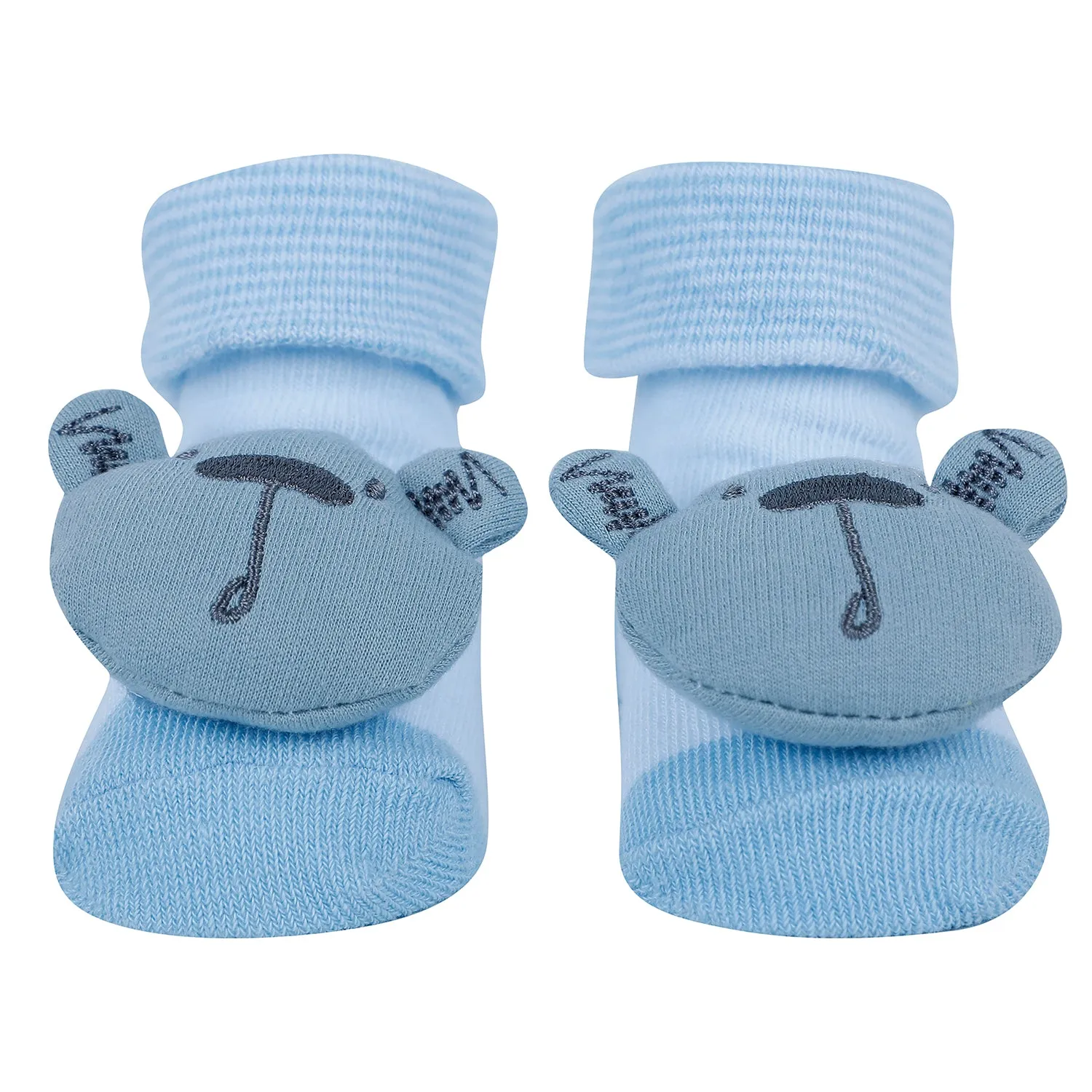 Baby Moo Bear 3D Rattle Anti-Skid Socks Booties Pack of 3 - Blue, Yellow