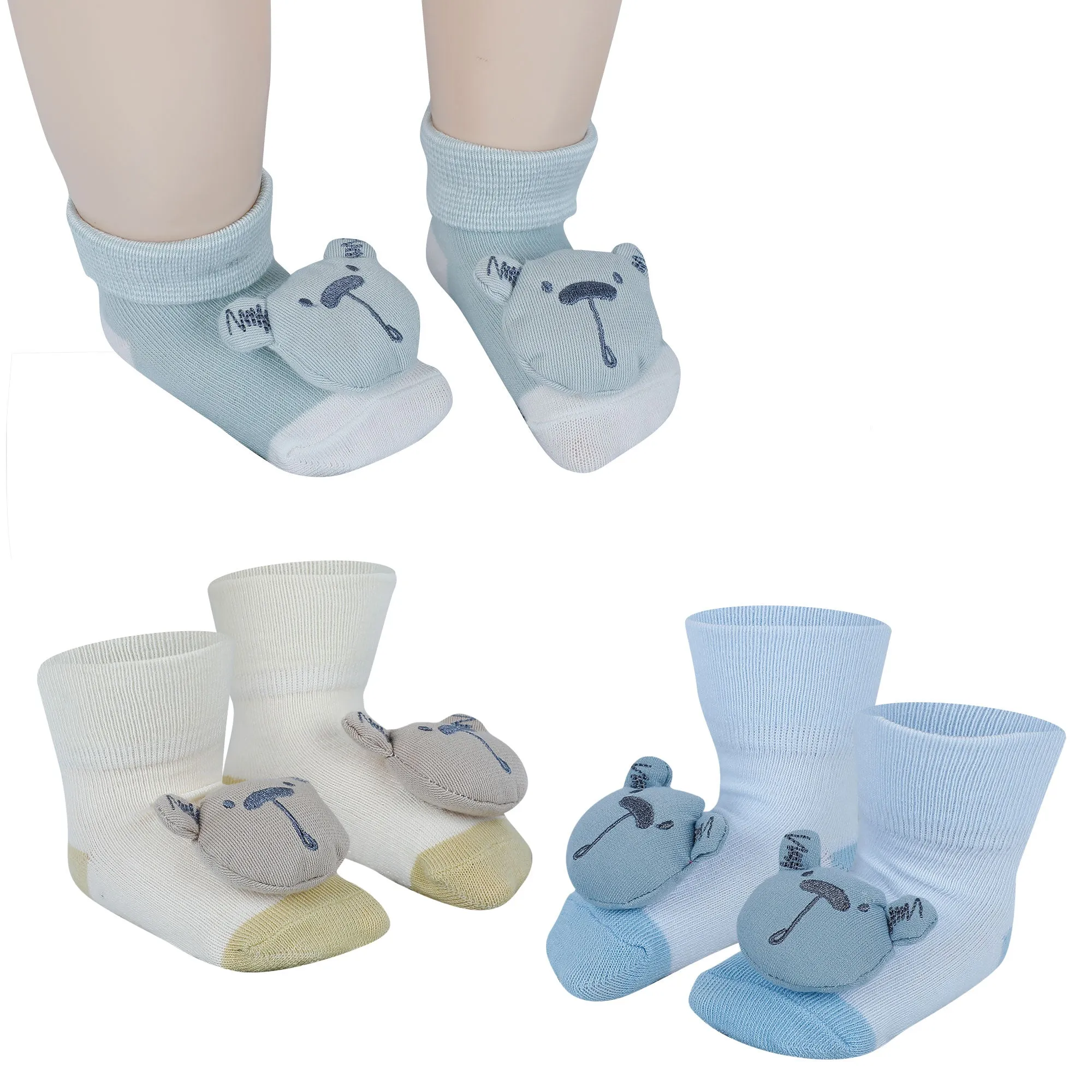 Baby Moo Bear 3D Rattle Anti-Skid Socks Booties Pack of 3 - Blue, Yellow