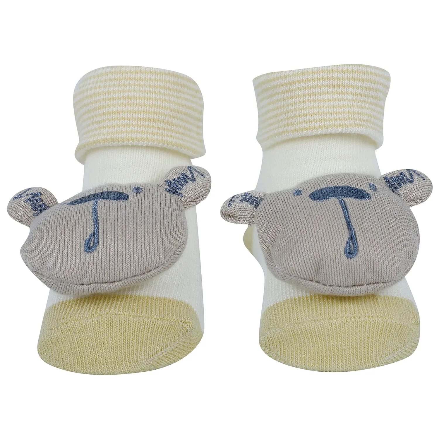 Baby Moo Bear 3D Rattle Anti-Skid Socks Booties Pack of 3 - Blue, Yellow