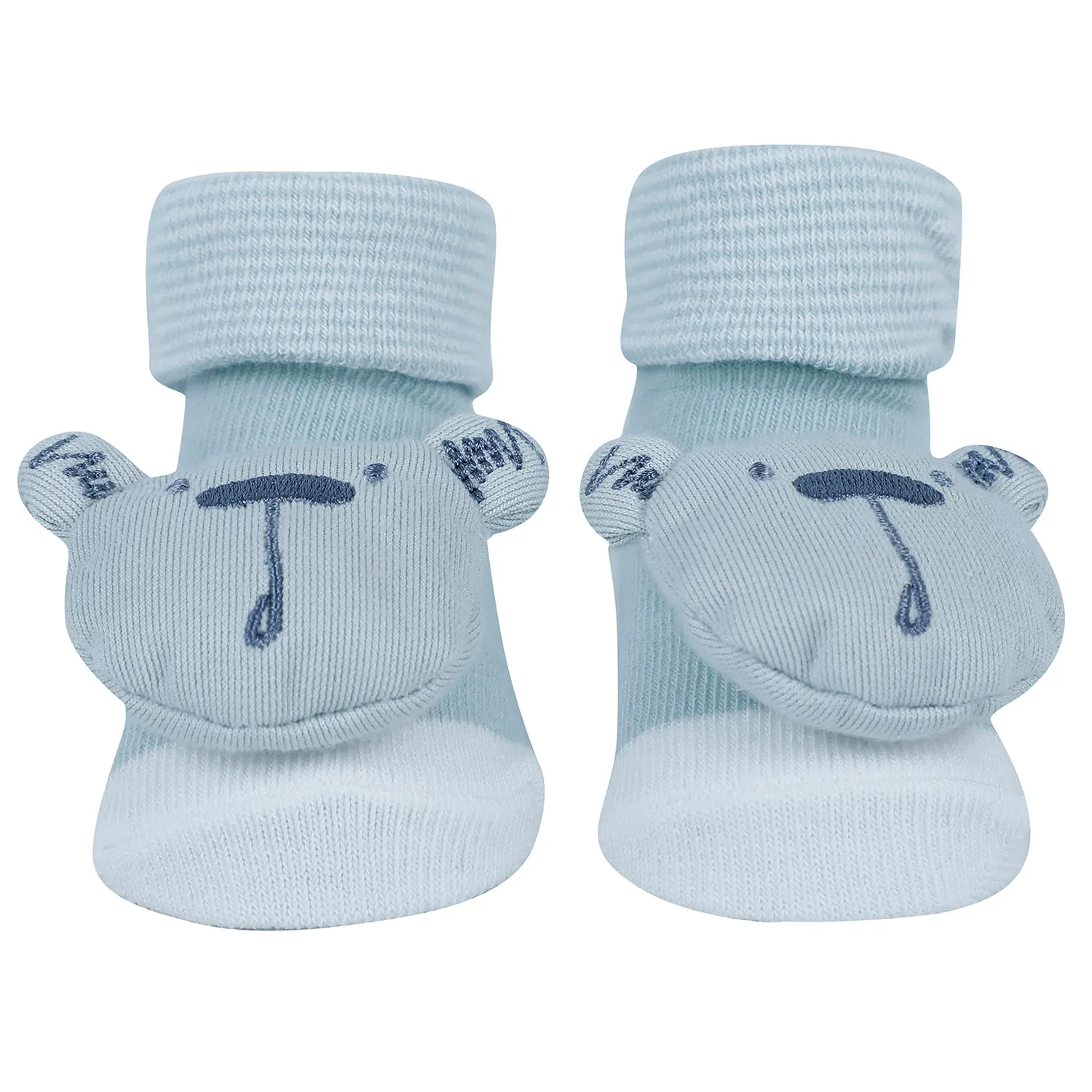 Baby Moo Bear 3D Rattle Anti-Skid Socks Booties Pack of 3 - Blue, Yellow