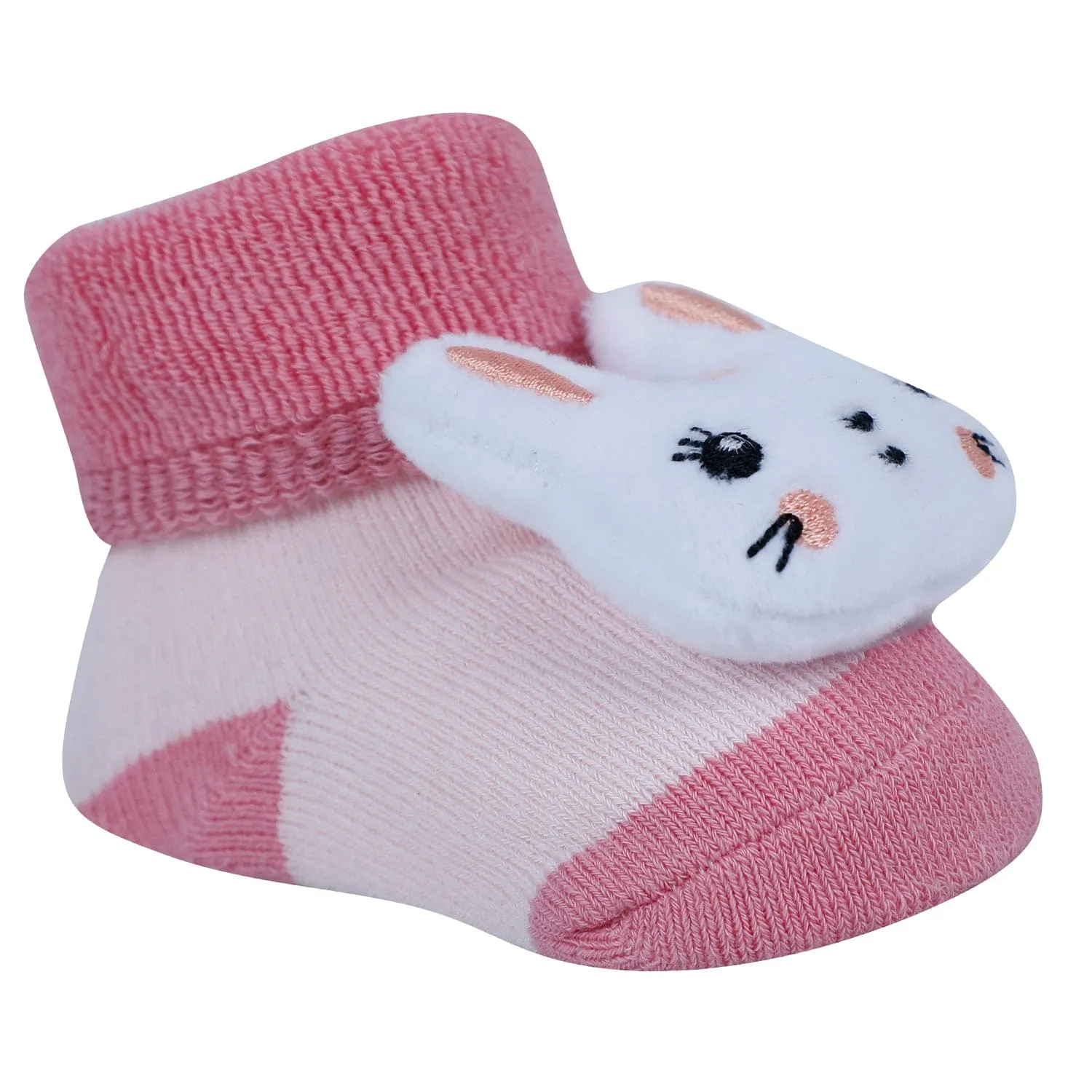 Baby Moo Bunny 3D Rattle Anti-Skid Socks Booties Pack of 3 - Peach