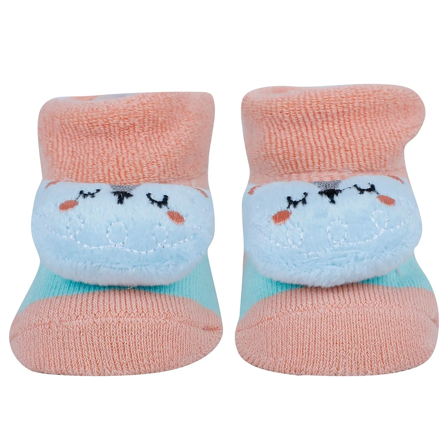 Baby Moo Bunny 3D Rattle Anti-Skid Socks Booties Pack of 3 - Peach