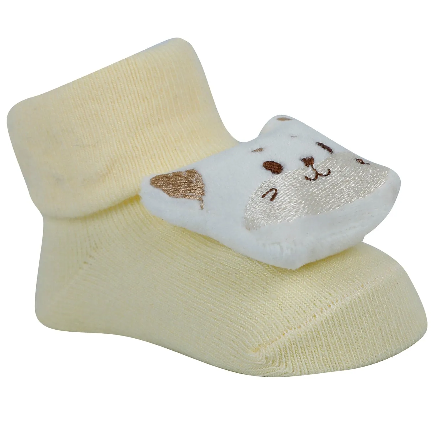 Baby Moo Cat And Bear 3D Rattle Anti-Skid Socks Booties Pack of 2 - Yellow, Blue