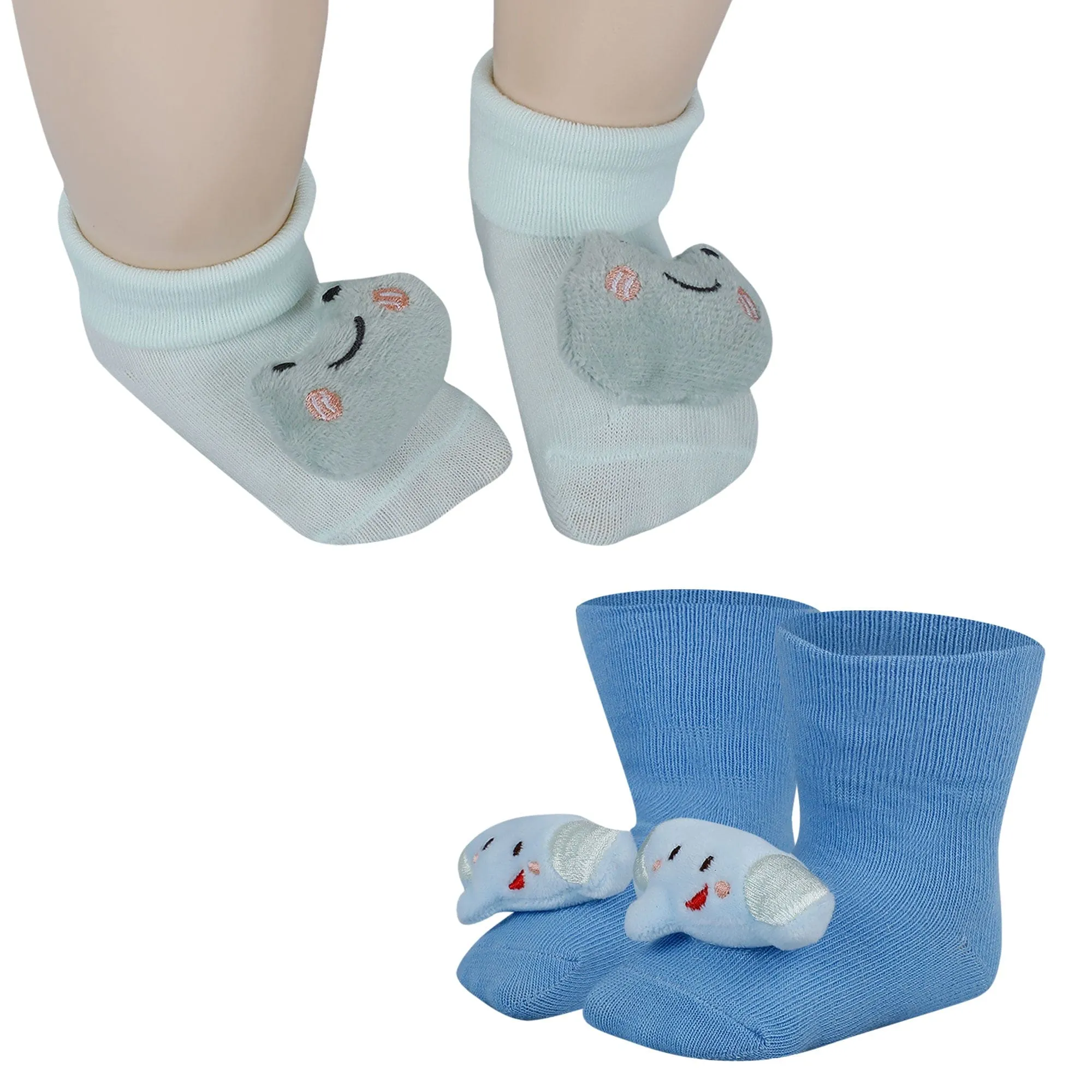 Baby Moo Frog And Elephant 3D Rattle Anti-Skid Socks Booties Pack of 2 - Mint Green, Blue