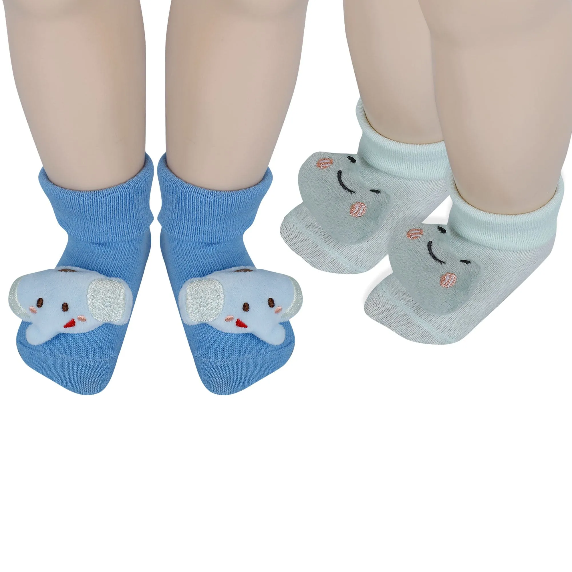 Baby Moo Frog And Elephant 3D Rattle Anti-Skid Socks Booties Pack of 2 - Mint Green, Blue