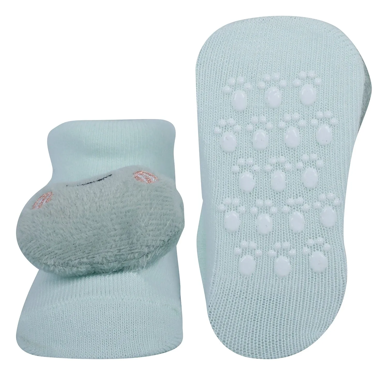 Baby Moo Frog And Elephant 3D Rattle Anti-Skid Socks Booties Pack of 2 - Mint Green, Blue