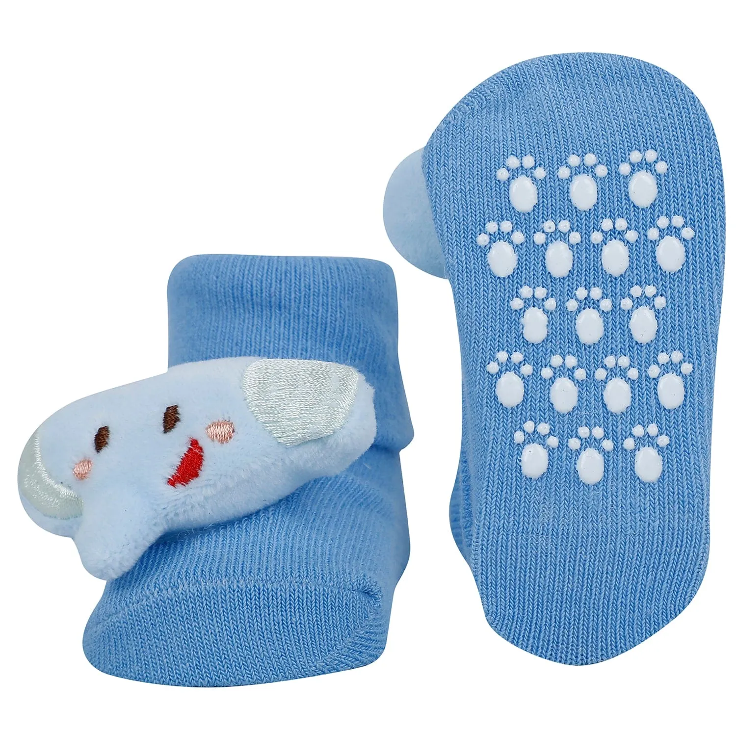 Baby Moo Frog And Elephant 3D Rattle Anti-Skid Socks Booties Pack of 2 - Mint Green, Blue