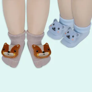 Baby Moo Teddy And Fox 3D Rattle Anti-Skid Socks Booties Pack of 2 - Blue, Rose Gold