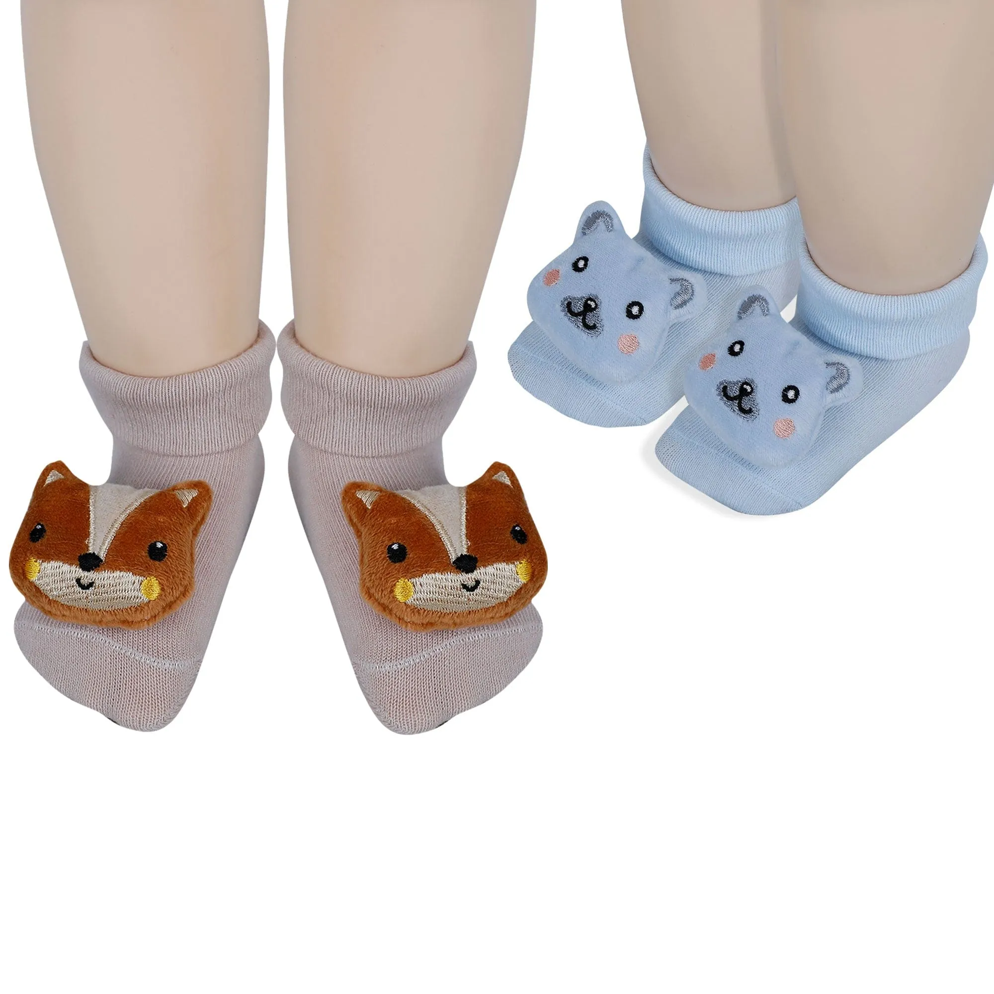 Baby Moo Teddy And Fox 3D Rattle Anti-Skid Socks Booties Pack of 2 - Blue, Rose Gold