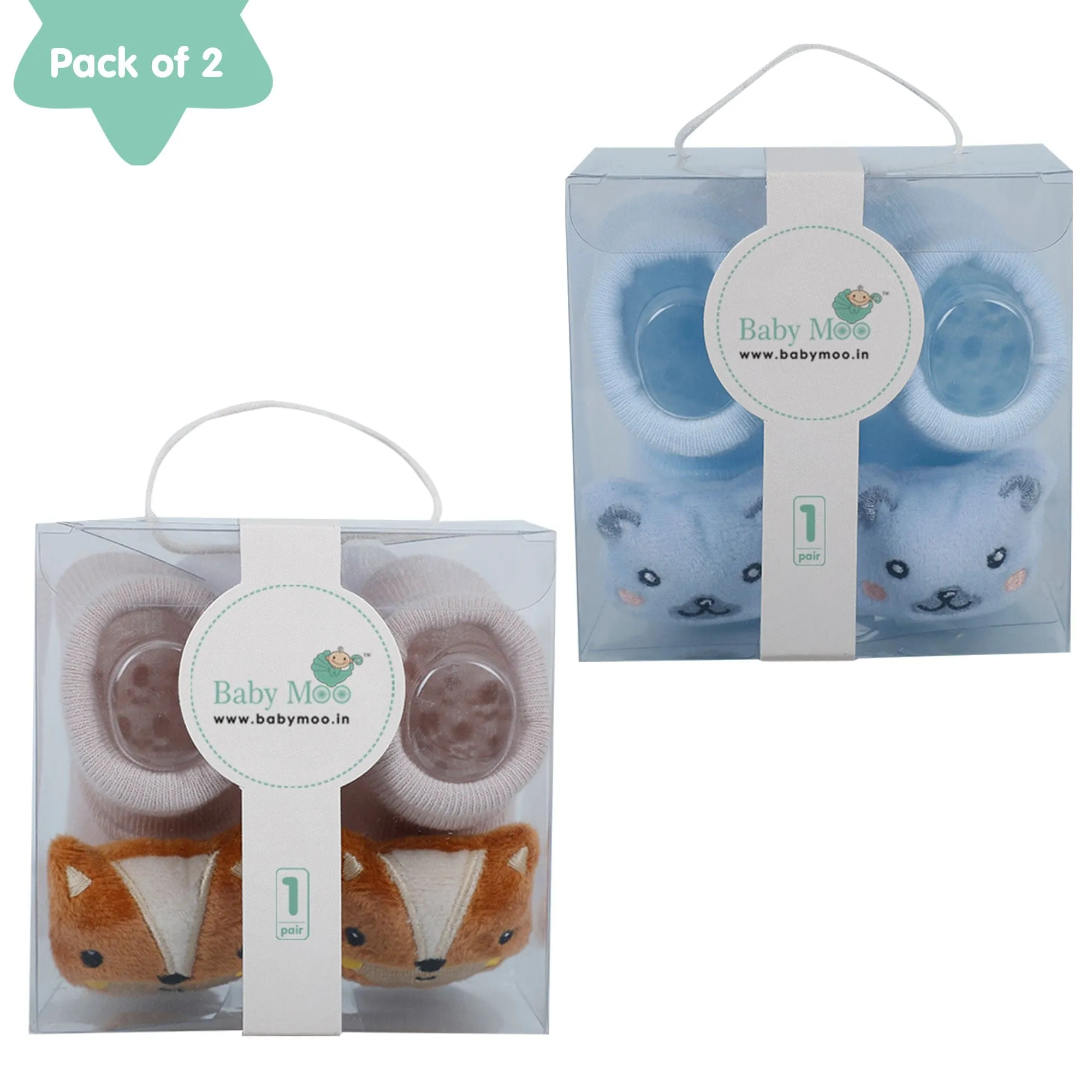 Baby Moo Teddy And Fox 3D Rattle Anti-Skid Socks Booties Pack of 2 - Blue, Rose Gold