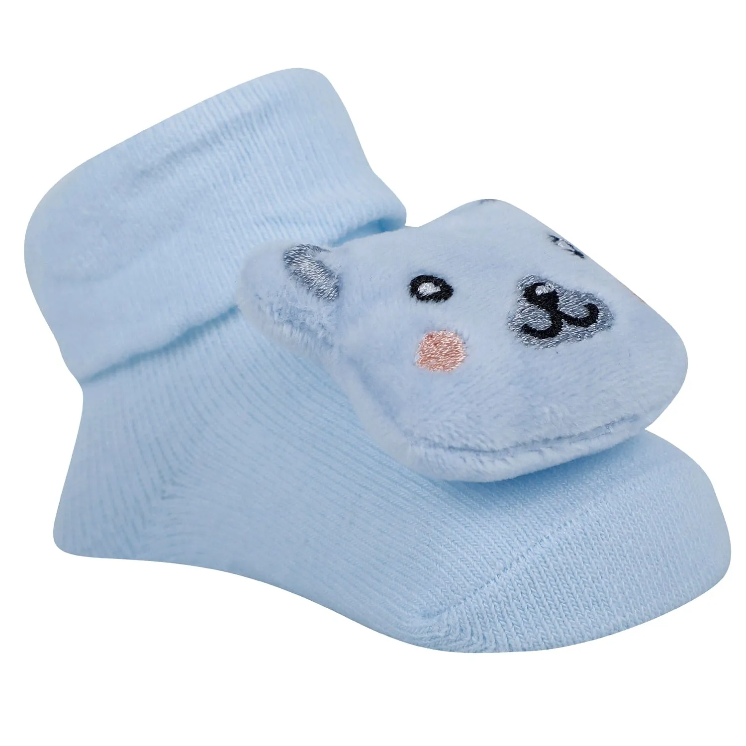 Baby Moo Teddy And Fox 3D Rattle Anti-Skid Socks Booties Pack of 2 - Blue, Rose Gold