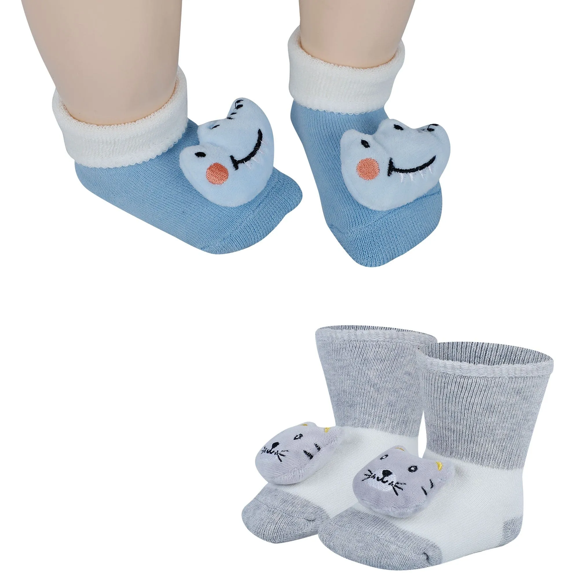 Baby Moo Tiger And Alligator 3D Rattle Anti-Skid Socks Booties Pack of 2 - Grey, Blue