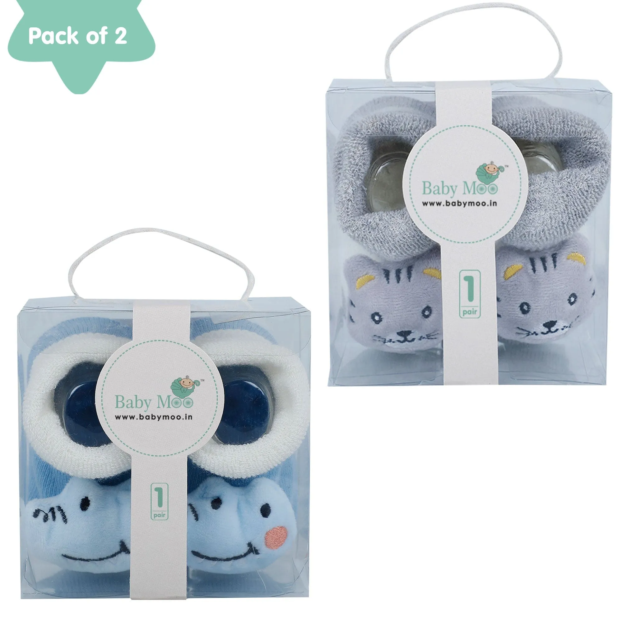 Baby Moo Tiger And Alligator 3D Rattle Anti-Skid Socks Booties Pack of 2 - Grey, Blue