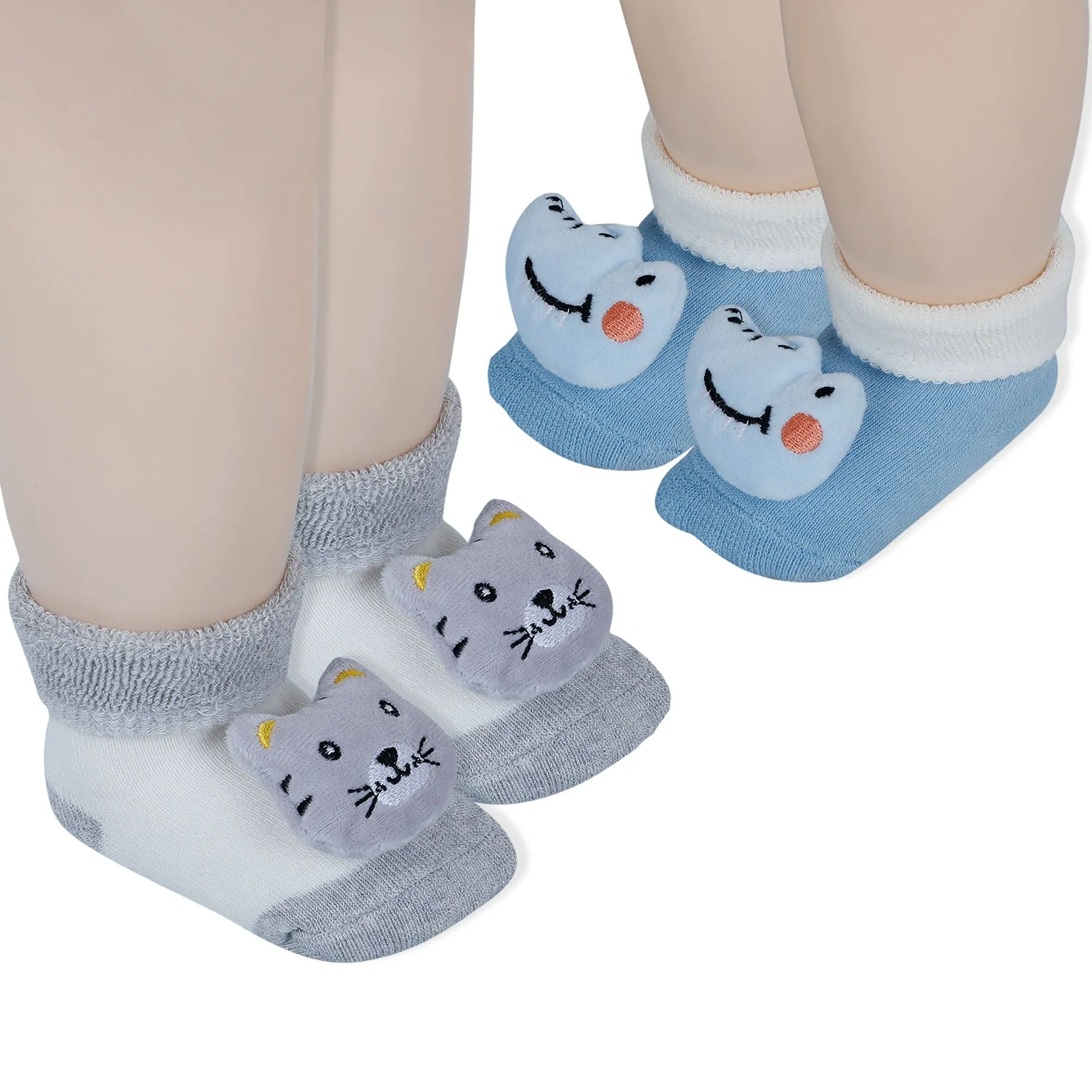 Baby Moo Tiger And Alligator 3D Rattle Anti-Skid Socks Booties Pack of 2 - Grey, Blue