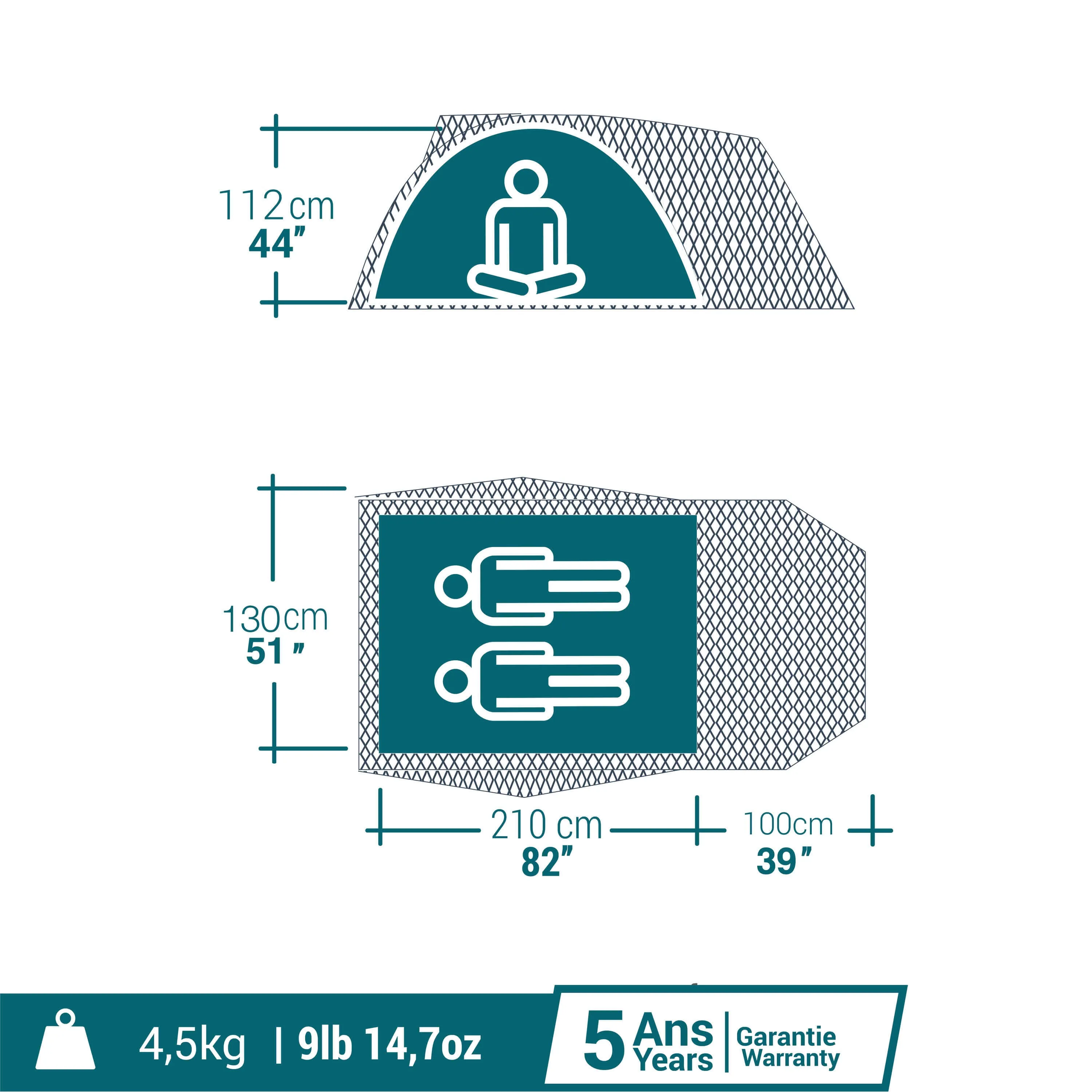 Camping tent Quechua Fresh & Black MH100 XL, grey/dark turquoise