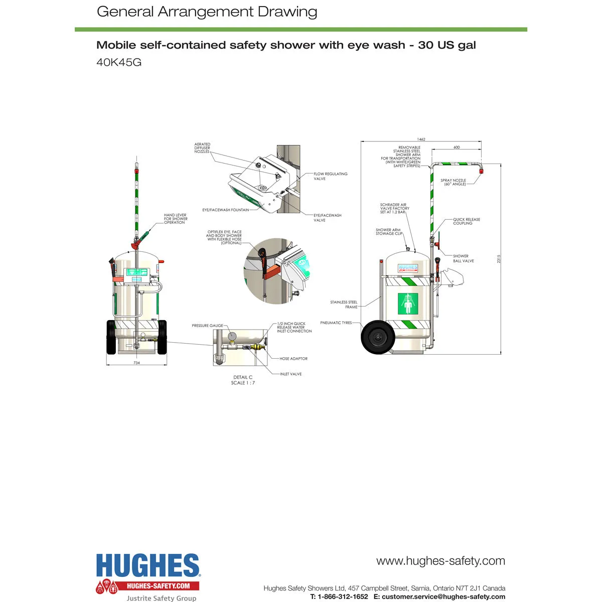 Hughes 40K45G Mobile Safety Shower and Eyewash with Integral Stainless Steel Cart