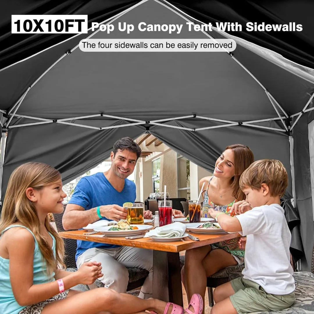 (Lawn & Garden) AIGOCANO Pop up Canopy Tent with 4 Sidewalls/10x10 Deluxe Dome Gazebo/Outdoor Parties/Garden/Patio with Roller Bag/4 Sandbags/4 Ropes/8 Stakes(Black)