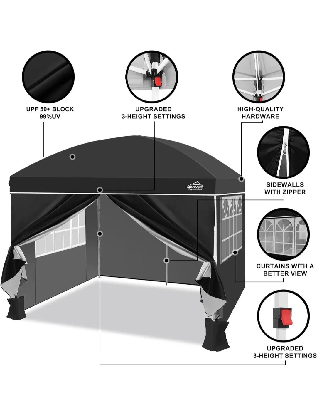 (Lawn & Garden) AIGOCANO Pop up Canopy Tent with 4 Sidewalls/10x10 Deluxe Dome Gazebo/Outdoor Parties/Garden/Patio with Roller Bag/4 Sandbags/4 Ropes/8 Stakes(Black)