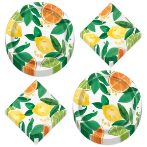 Lemon and Citrus Watercolor Paper Dinner Plates and Lunch Napkins (Serves 16)