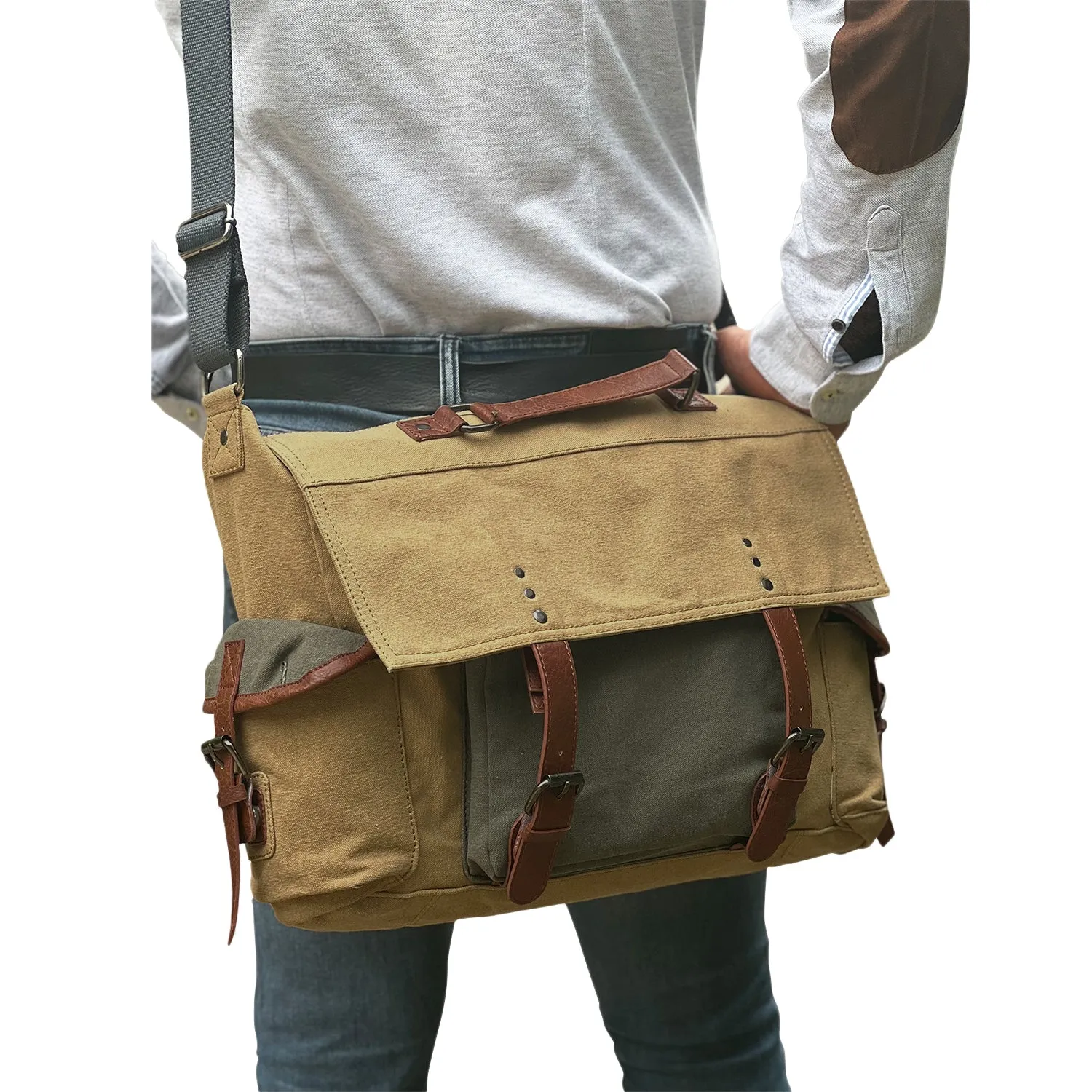 Mona B Upcycled Canvas Messenger Crossbody Laptop Bag for Upto 14" Laptop/Mac Book/Tablet with Stylish Design for Men and Women: Brown