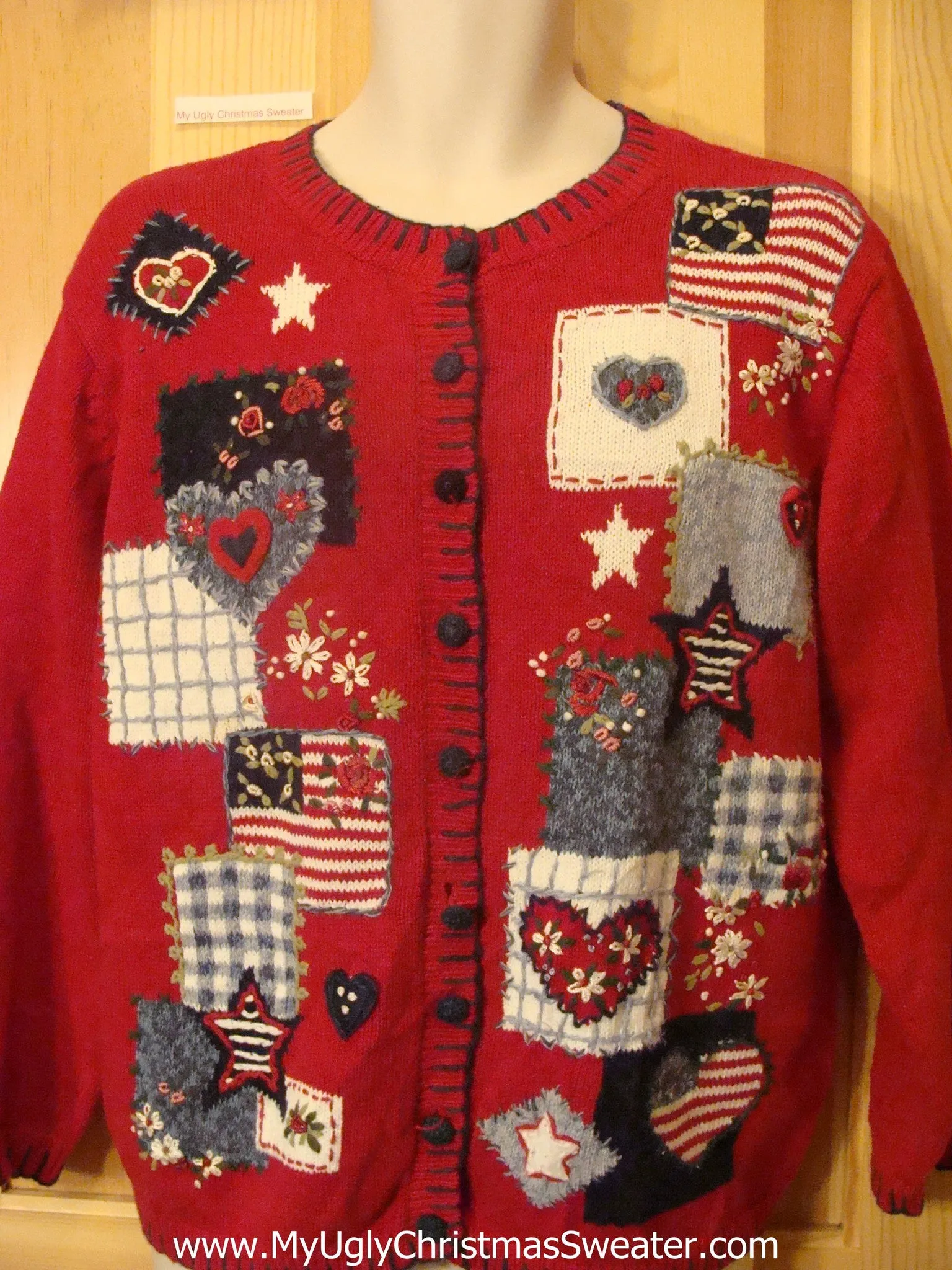 Patriotic Ugly Christmas Sweater with Flag and Hearts