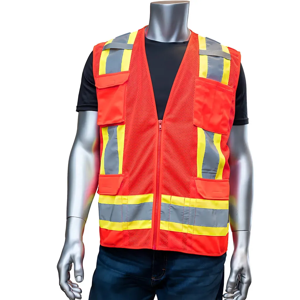 PIP 302-0500M-RD/5X ANSI Type R Class 2 Two-Tone Eleven Pocket Mesh Surveyors Vest