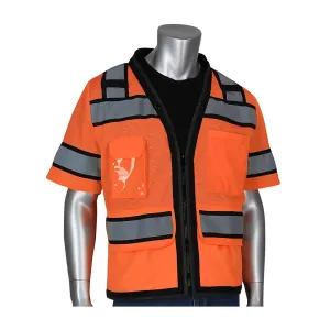 PIP 303-0800D-OR/L ANSI Type R Class 3 Black Two-Tone Eleven Pocket Tech-Ready Mesh Surveyors Vest with "D" Ring Access