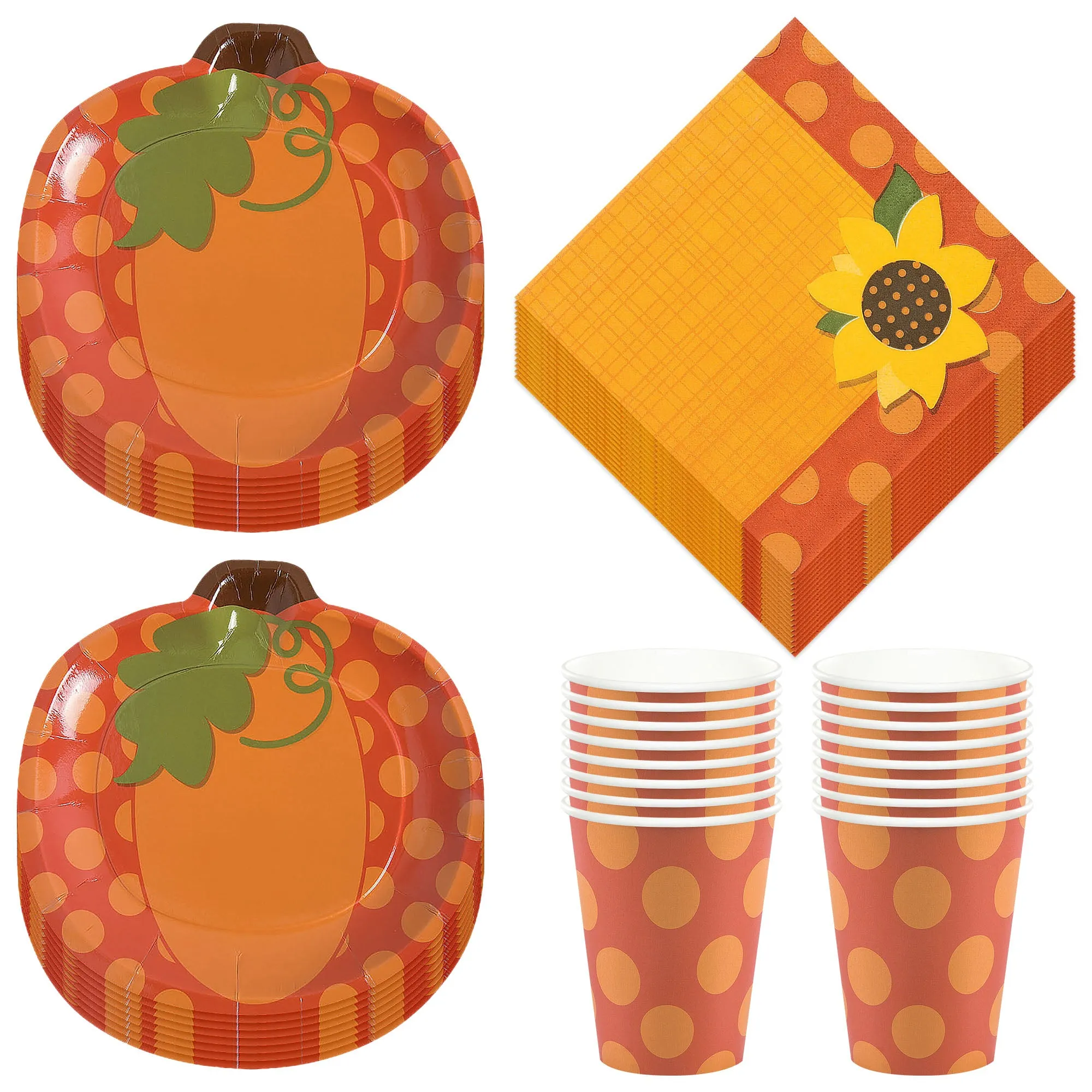 Pumpkin Party Supplies - Polka Dot Pumpkin Shaped Plates, Sunflower Napkins, & Cups for Fall Party (16 Plates, Napkins, & Cups)