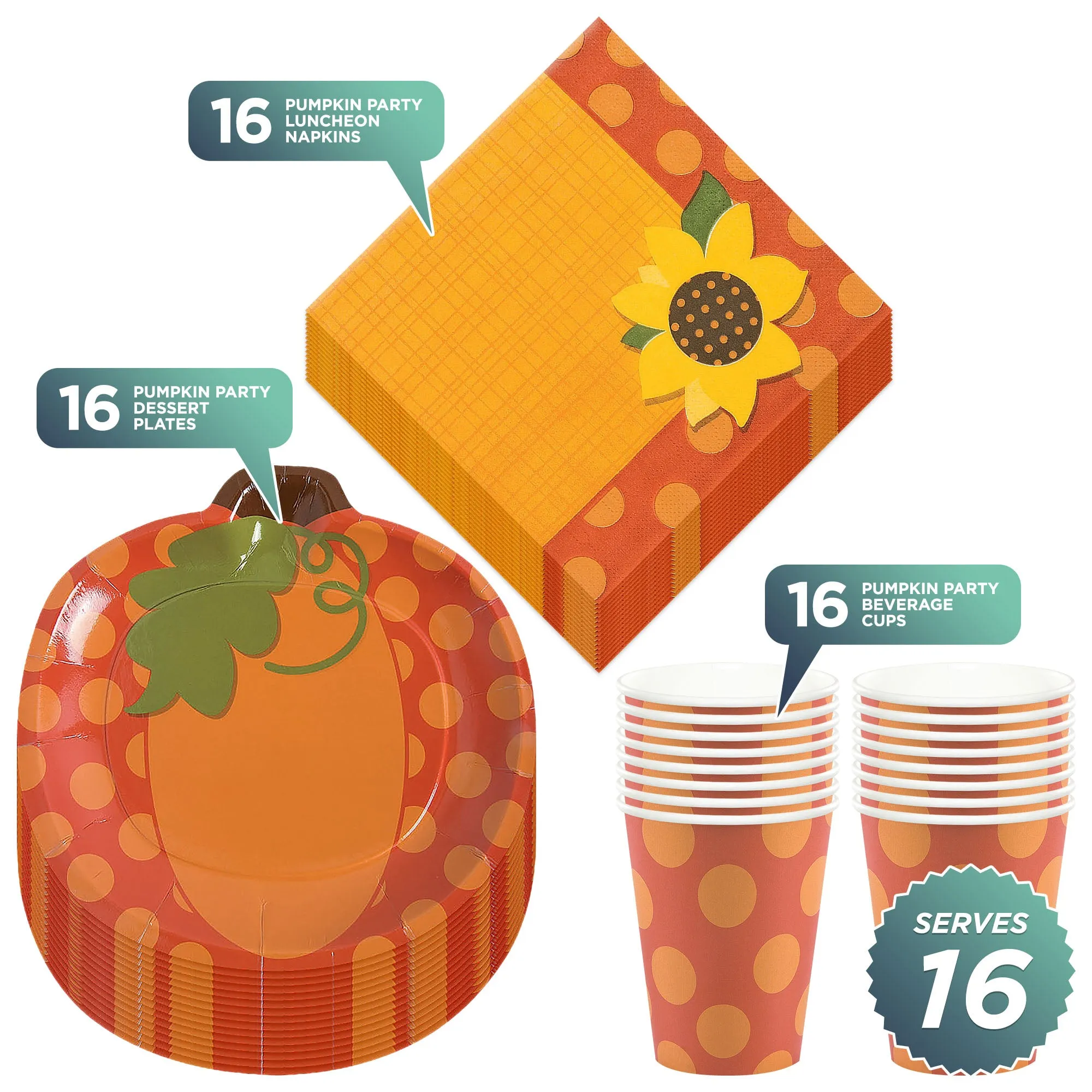 Pumpkin Party Supplies - Polka Dot Pumpkin Shaped Plates, Sunflower Napkins, & Cups for Fall Party (16 Plates, Napkins, & Cups)