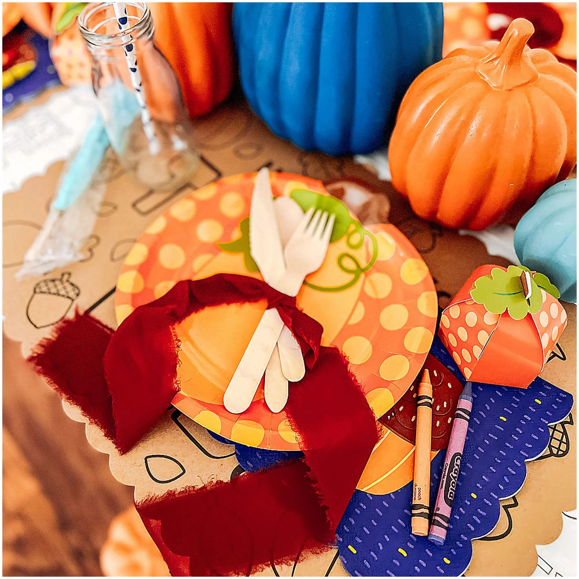 Pumpkin Party Supplies - Polka Dot Pumpkin Shaped Plates, Sunflower Napkins, & Cups for Fall Party (16 Plates, Napkins, & Cups)