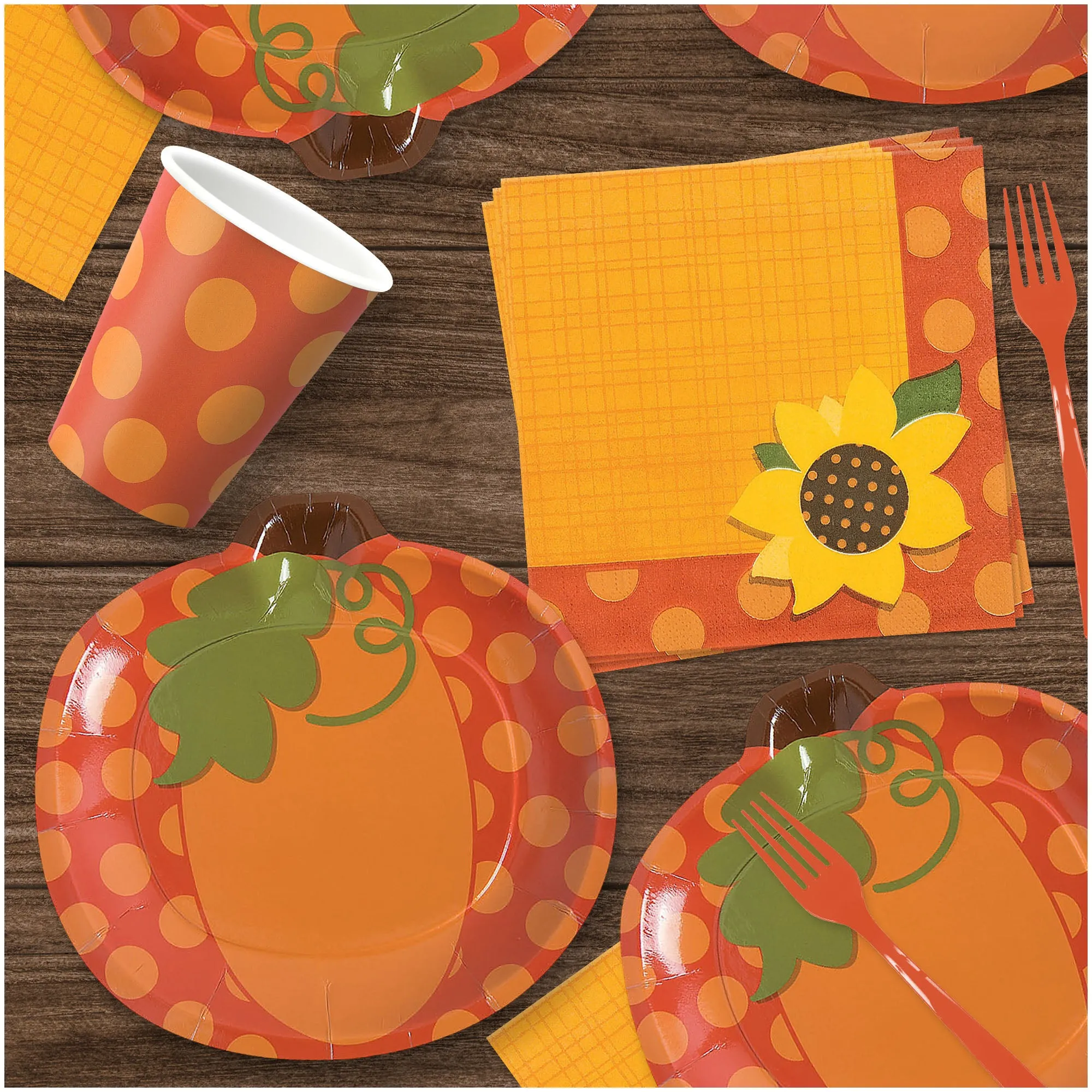 Pumpkin Party Supplies - Polka Dot Pumpkin Shaped Plates, Sunflower Napkins, & Cups for Fall Party (16 Plates, Napkins, & Cups)