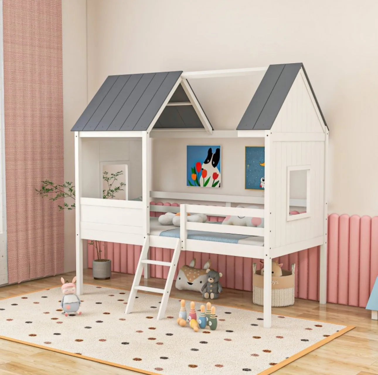 Super Adorable Twin Size Kids Heavy Duty House Bed Low Loft Bed Solid WoodFrame With Roof | 2 Step Ladder | High Guardrails | Under Bed Space | Window Openings | Holds 350lbs