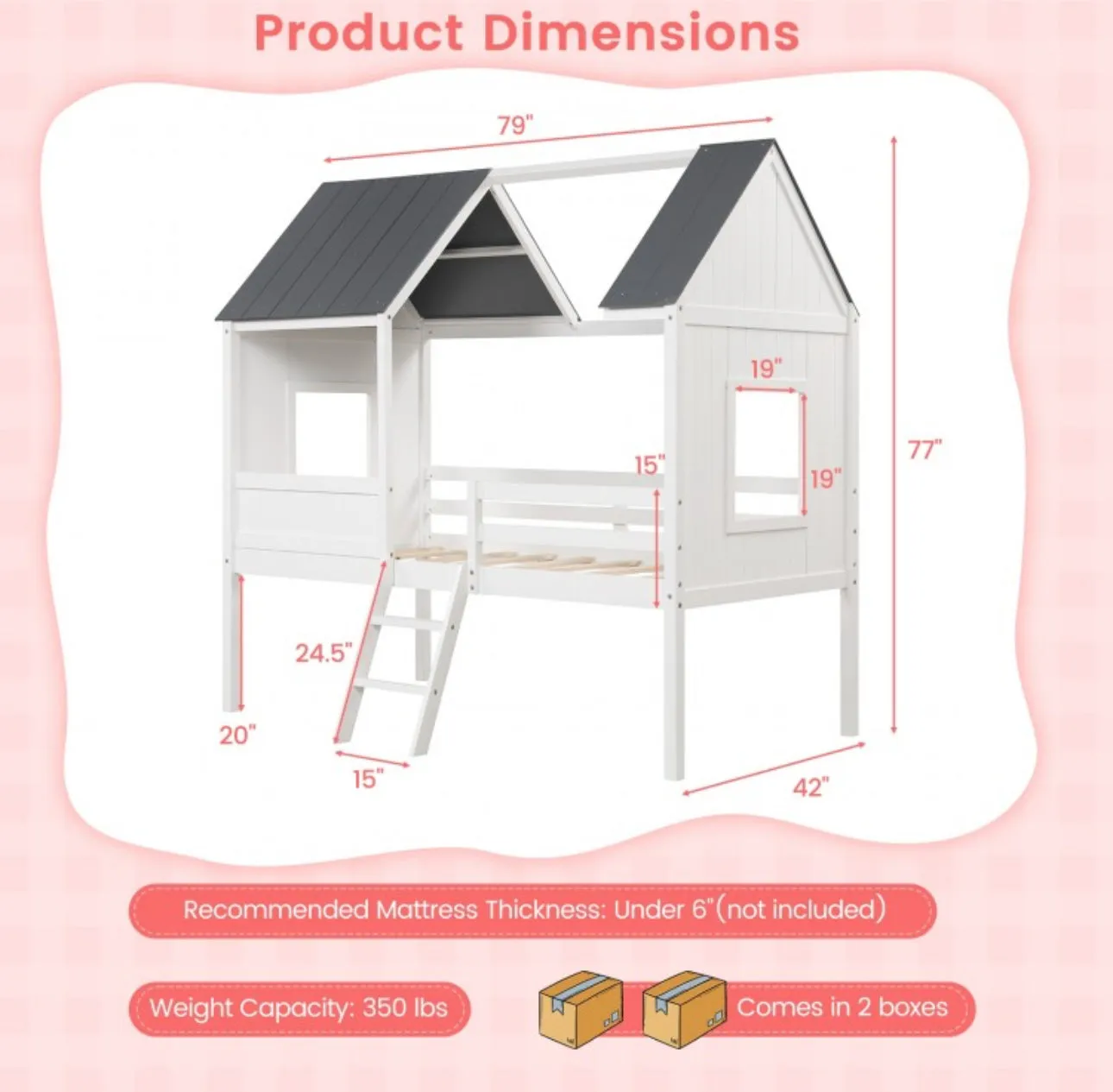 Super Adorable Twin Size Kids Heavy Duty House Bed Low Loft Bed Solid WoodFrame With Roof | 2 Step Ladder | High Guardrails | Under Bed Space | Window Openings | Holds 350lbs