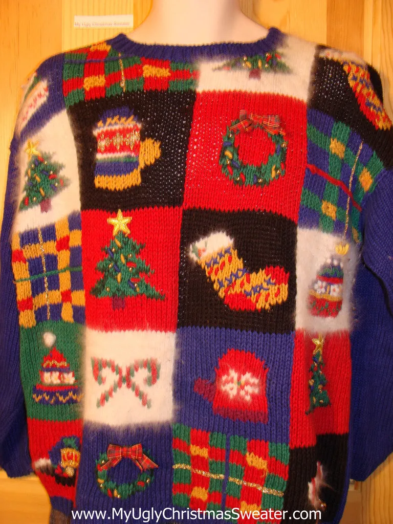 Tacky Cheap Ugly Christmas Sweater with Bright Festive Decorations and Bling (f554)