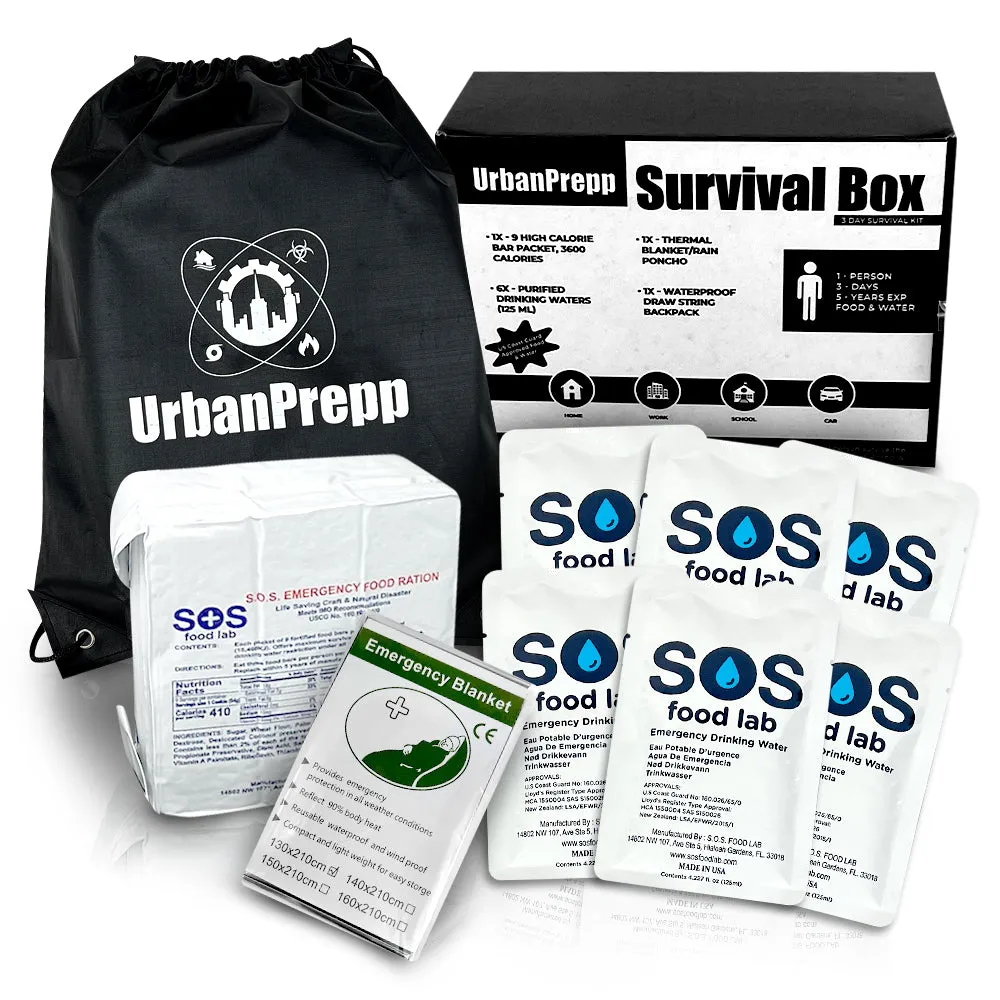 UrbanPrepp 72 Hour Survival Box - 1 Person Emergency Food, Water, Thermal Blanket, Add to Existing Emergency or Survival Kit, Emergency Rations for Floods, Blackout, Earthquake, Car, Work, School