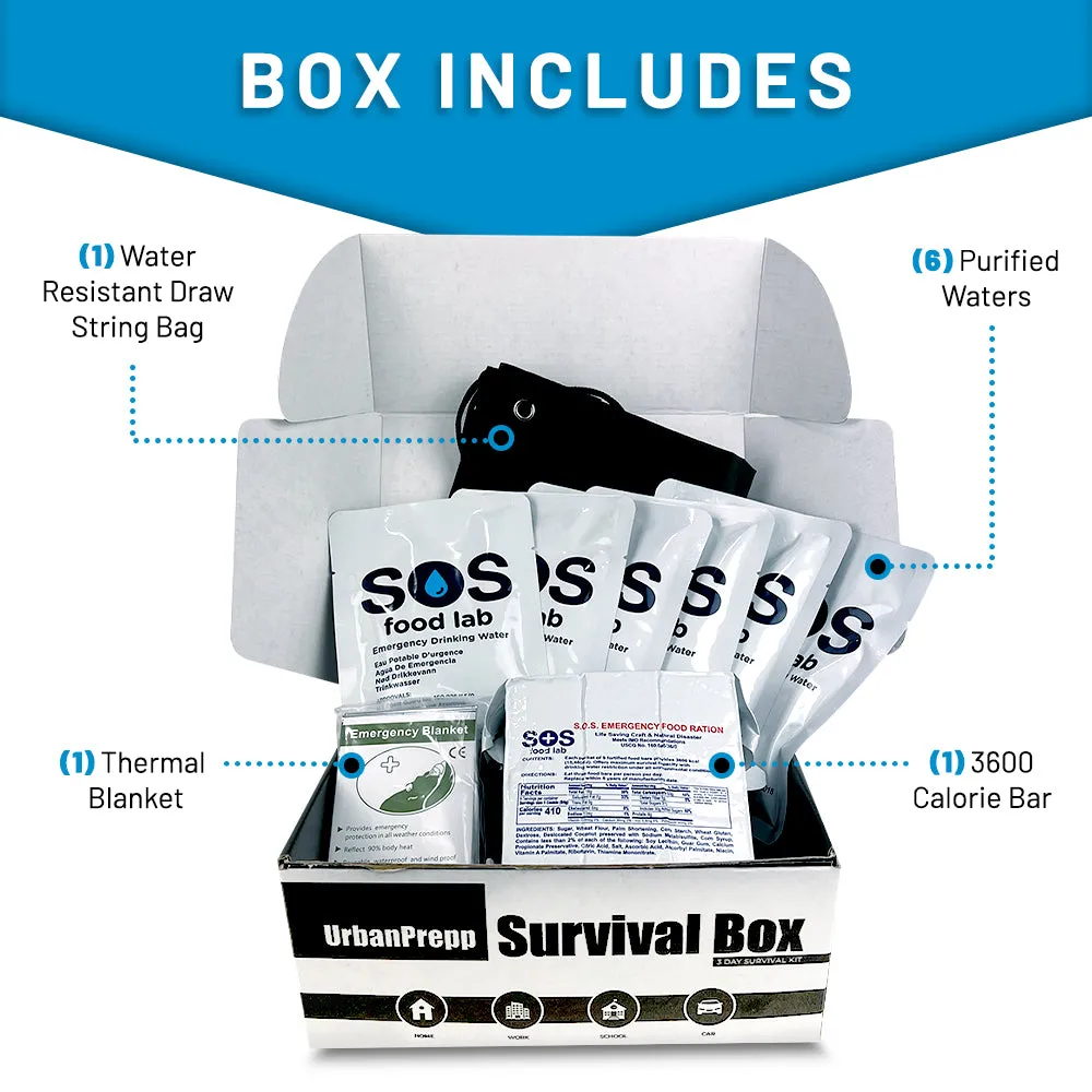 UrbanPrepp 72 Hour Survival Box - 1 Person Emergency Food, Water, Thermal Blanket, Add to Existing Emergency or Survival Kit, Emergency Rations for Floods, Blackout, Earthquake, Car, Work, School