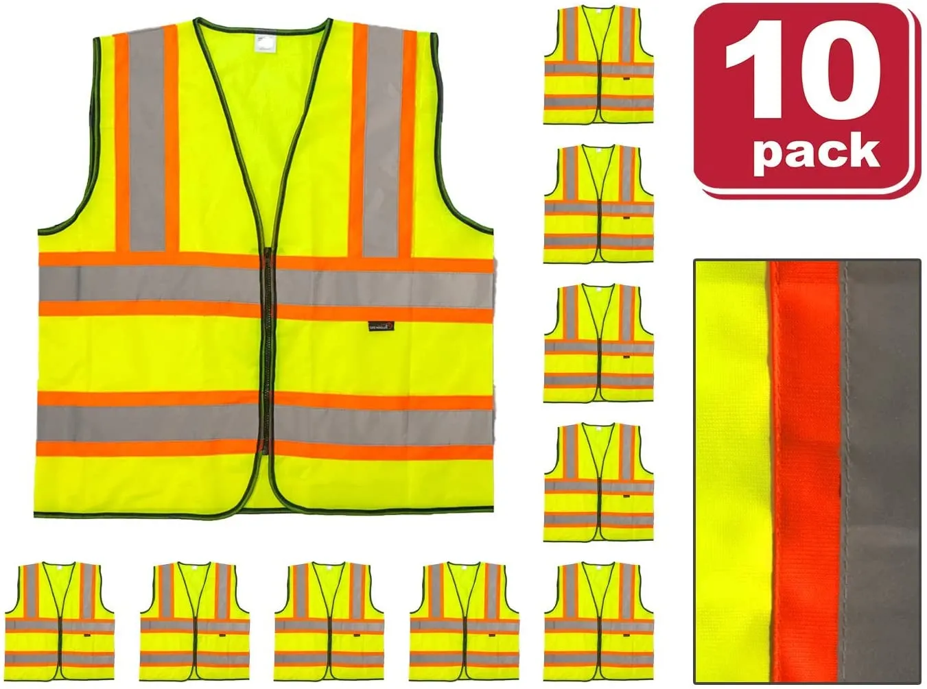 Zippered Contrast Reflective Safety Vest, Enhanced Visibility, Yellow